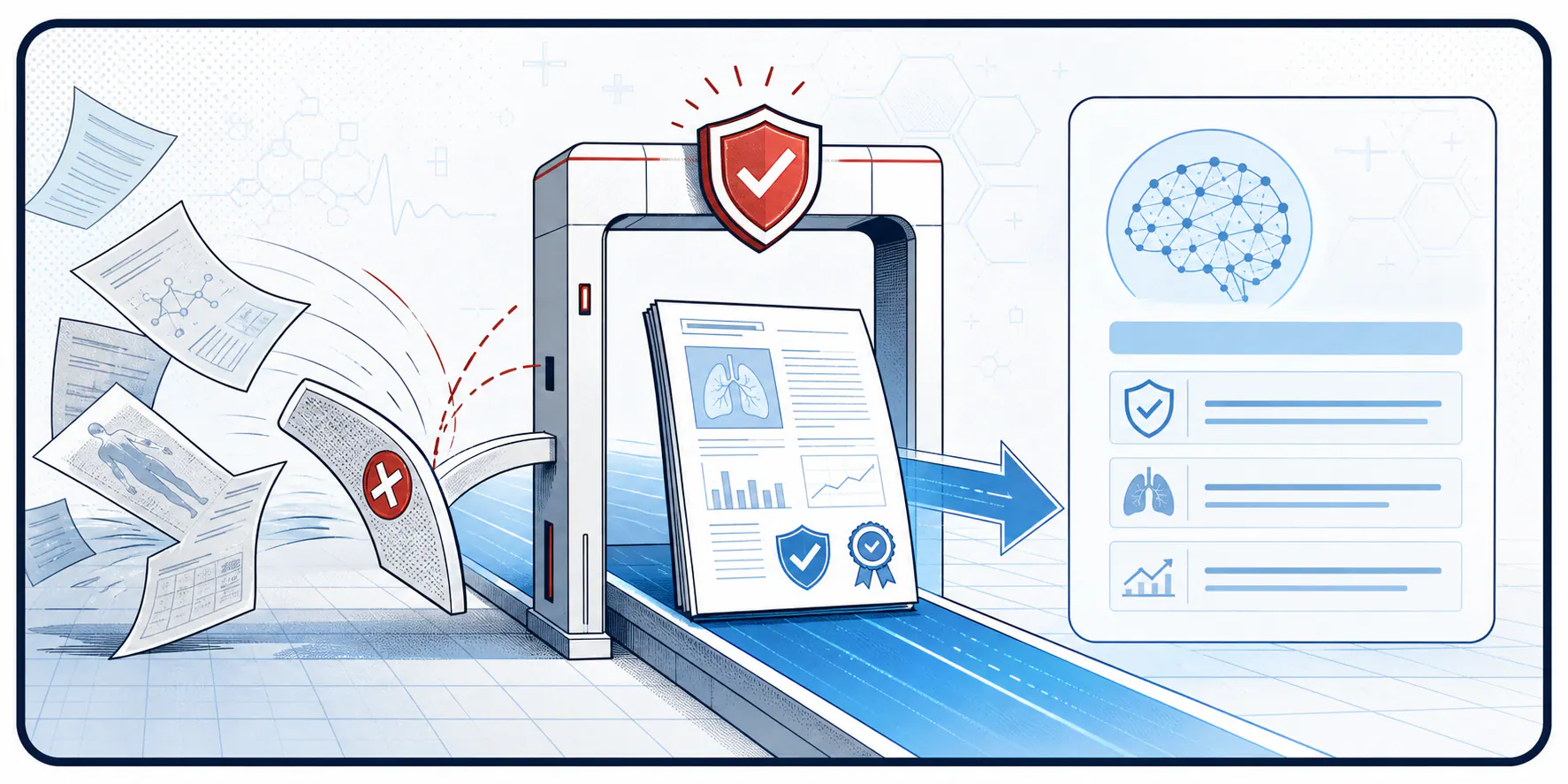 Light-field comic panel showing a reviewed healthcare document passing through a trust checkpoint into an AI answer while thin unverified pages are turned away.