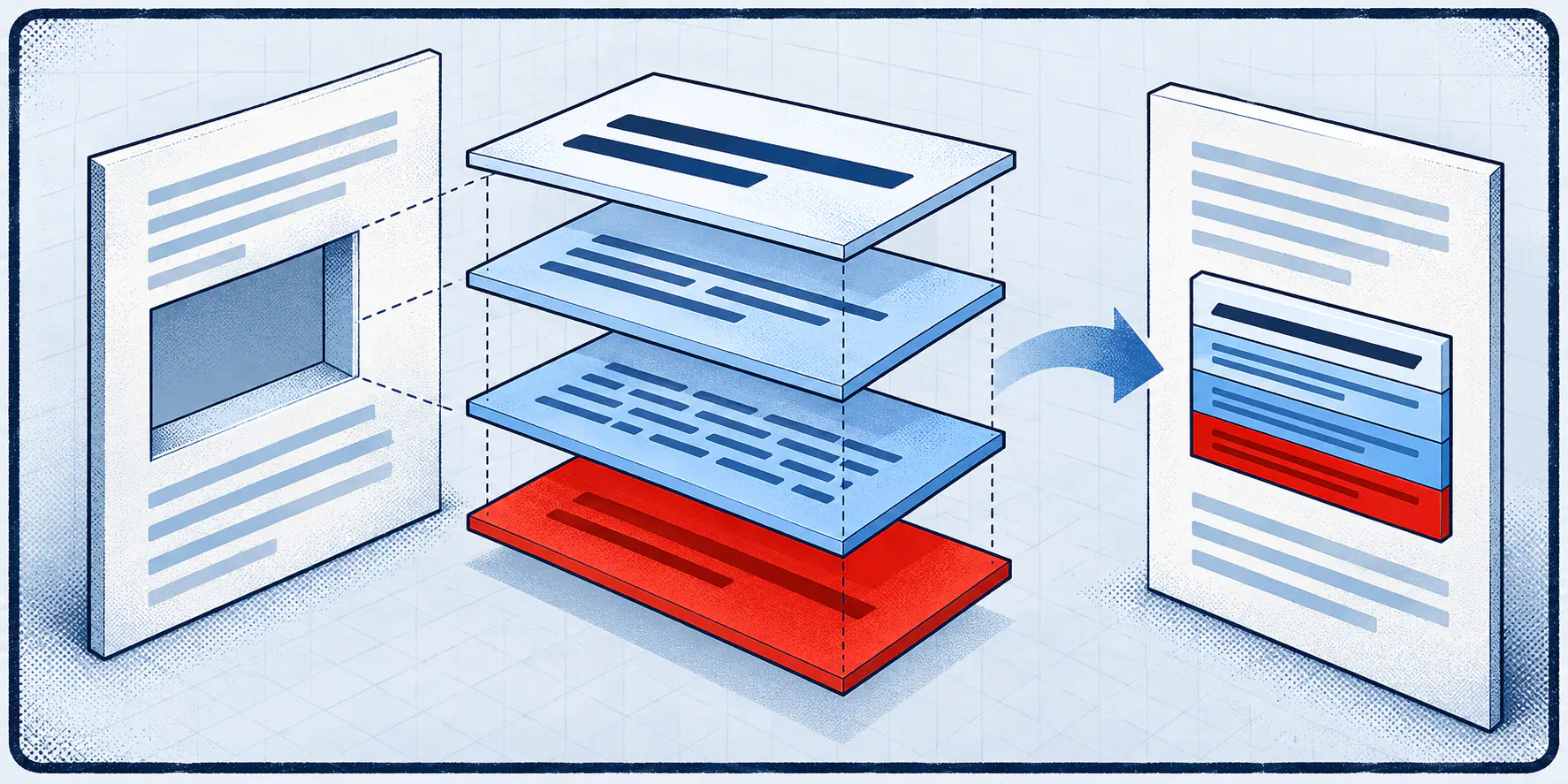 Four aligned content layers, including a red insight core, form one block that moves from a source page into an answer card.