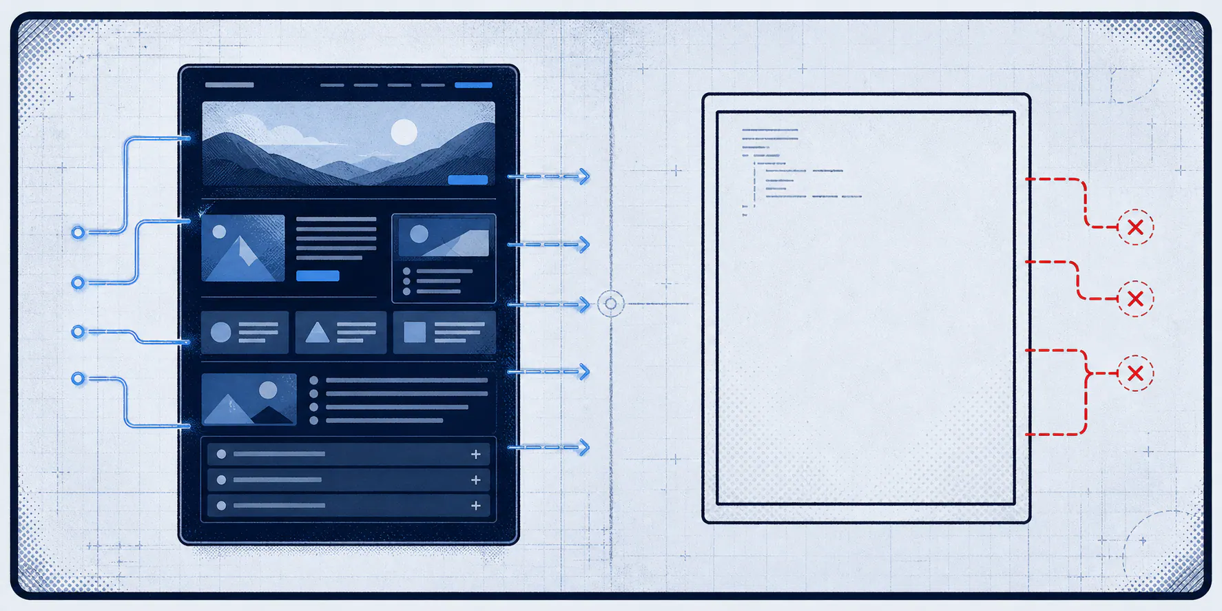 Light-field comic split-screen showing one URL as a fully rendered page on the left and a near-empty raw HTML shell on the right.