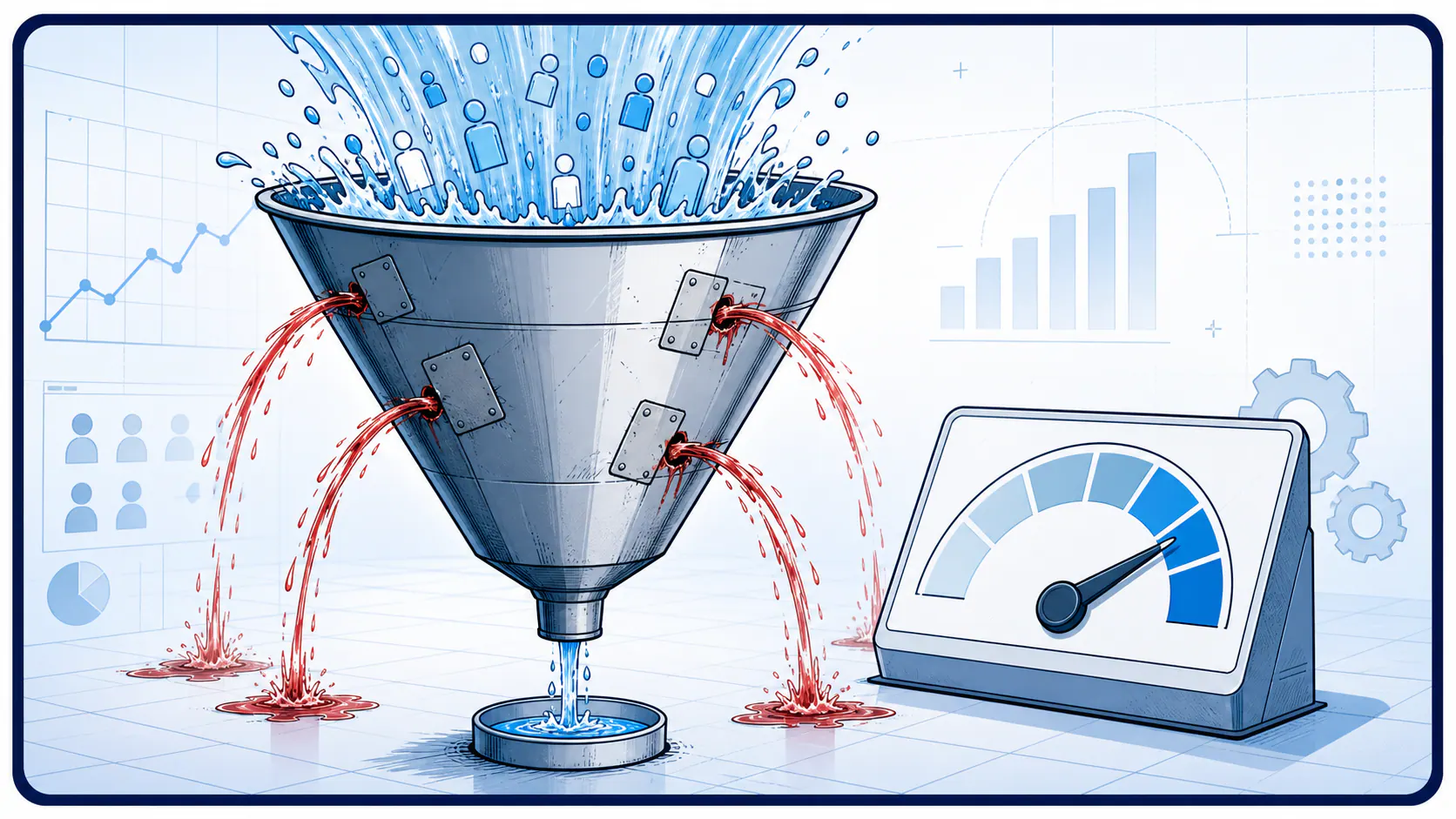 Light-field comic panel showing traffic pouring into a leaky conversion funnel with red waste streams and a blue conversion gauge nearby.