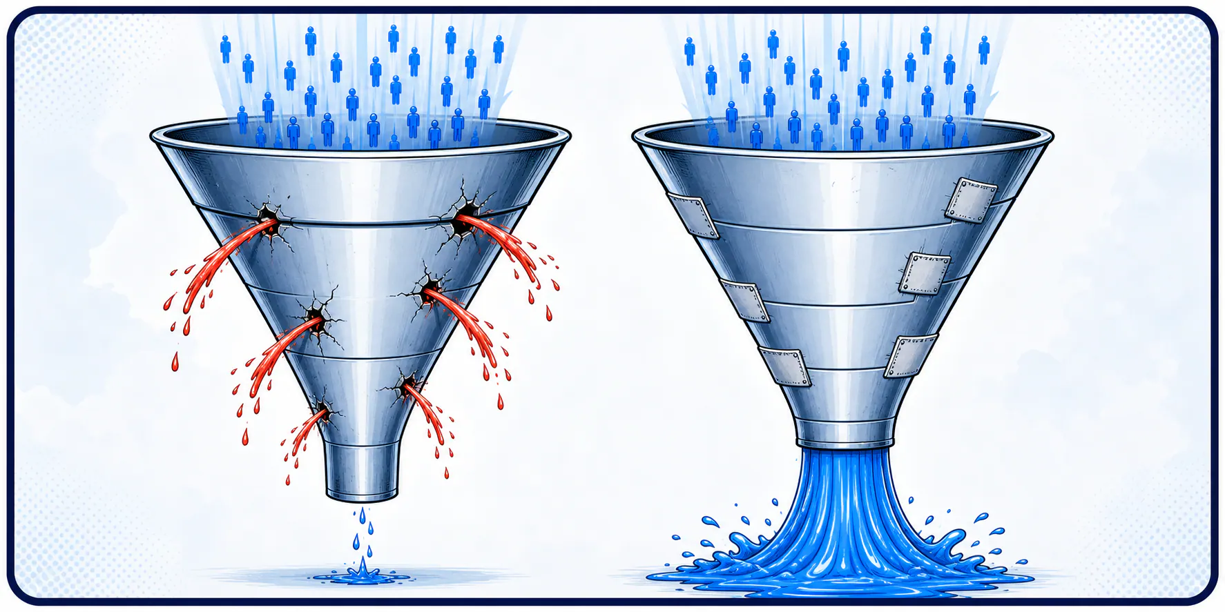 Light-field comic panel comparing a leaky funnel with small output against a sealed funnel producing a larger blue revenue stream from the same traffic.