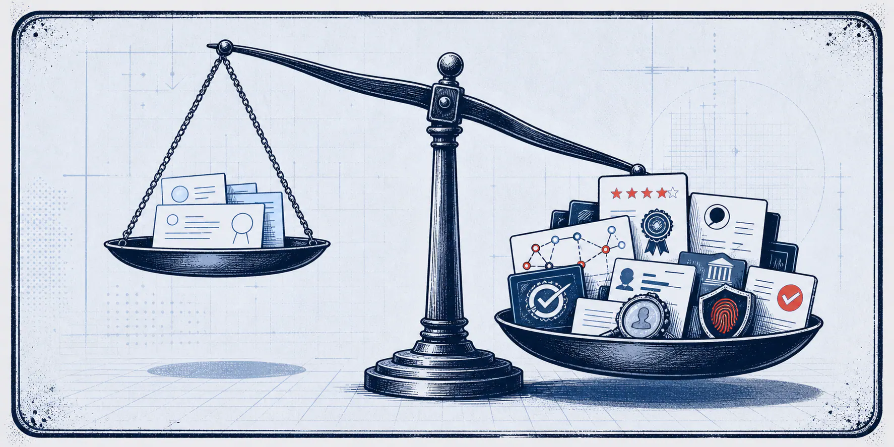 Light-field comic balance scale showing a small self-claimed evidence pile outweighed by earned authority signals, reviews, citations, credentials, and proof.