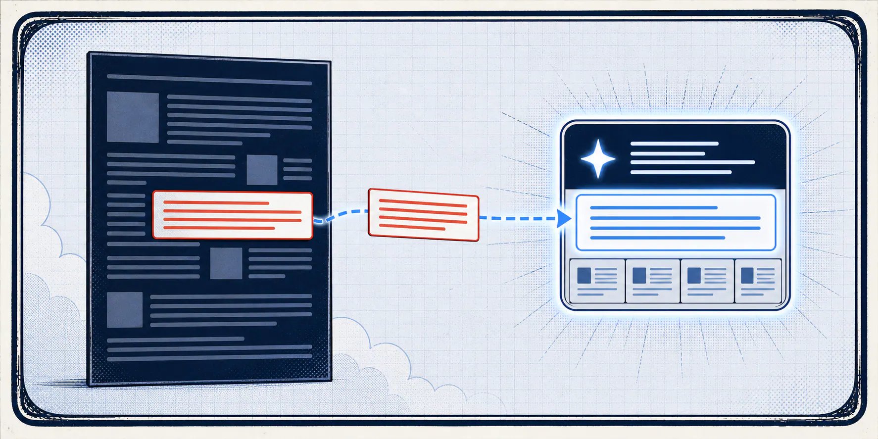 Light-field comic panel showing a highlighted passage block lifting from a page and traveling intact into an AI answer panel.