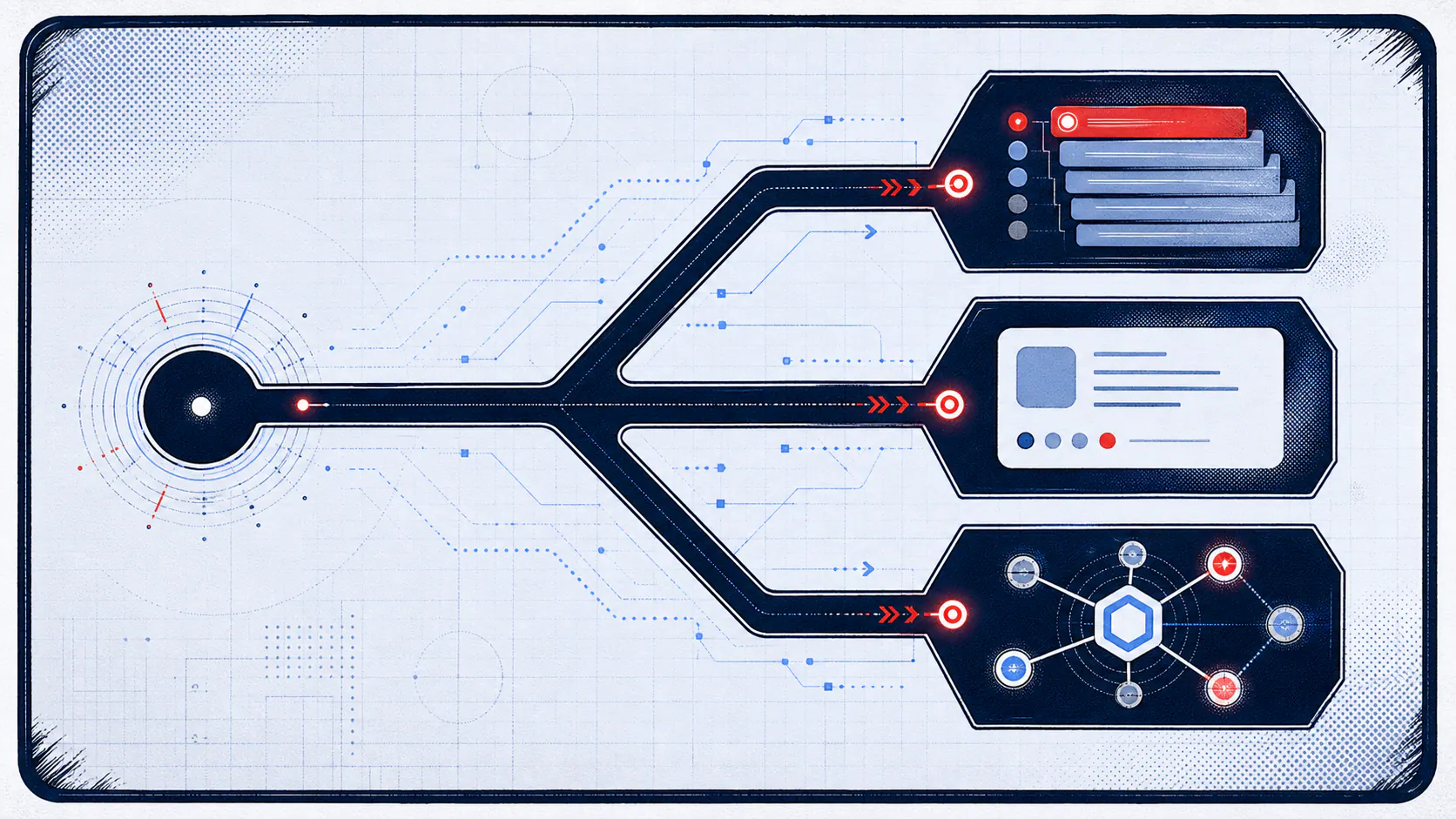 Comic-style panel showing one search signal branching toward three abstract outcomes: a ranked result stack, an answer card, and a citation network.