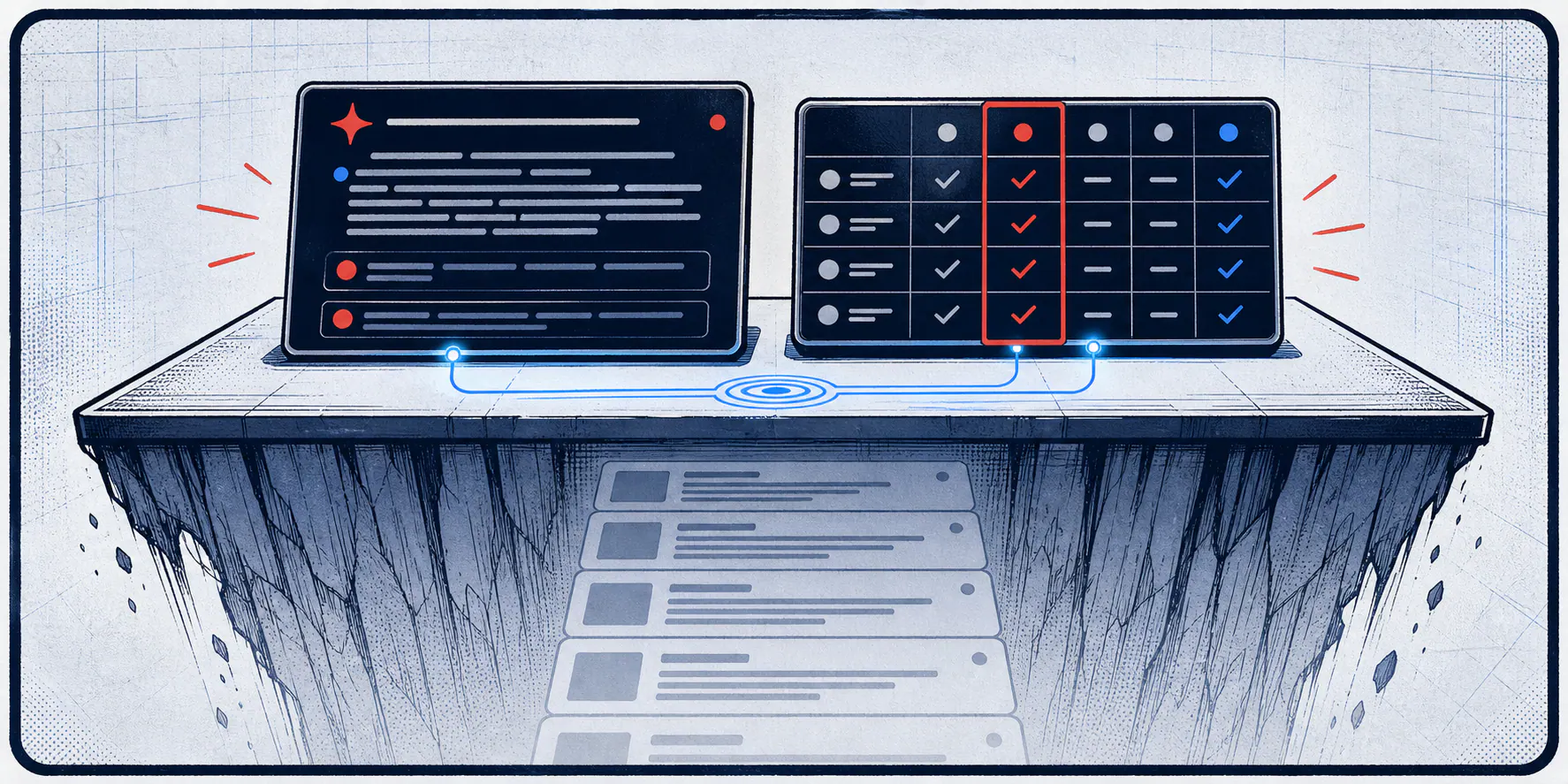 Comic-style panel showing an answer card and comparison table above a faded stack of search result links below.