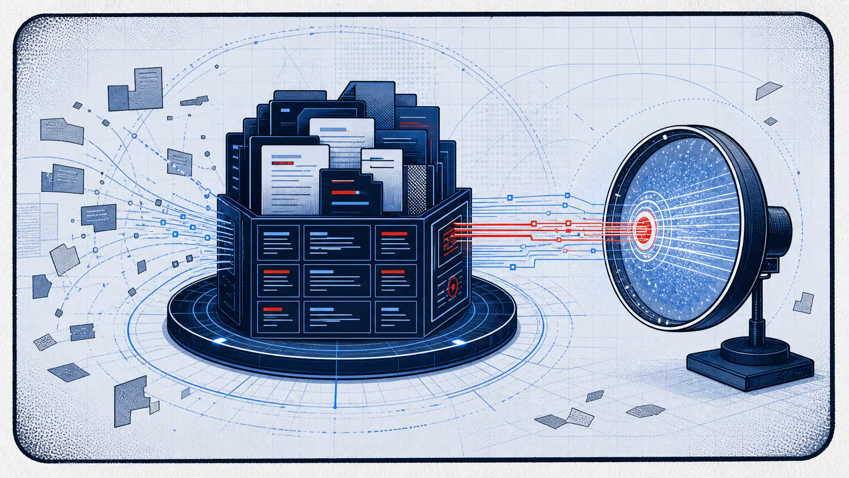 Light-field comic panel showing a dark navy structured knowledge console sending clean red and blue signal paths toward an abstract AI-reading lens.