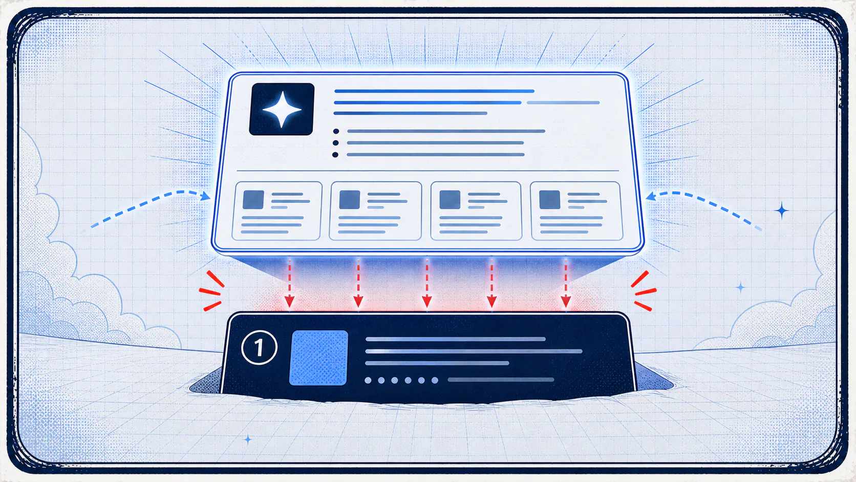 Light-field comic panel showing a number-one search result card partly buried beneath a large AI answer panel that captures attention above it.