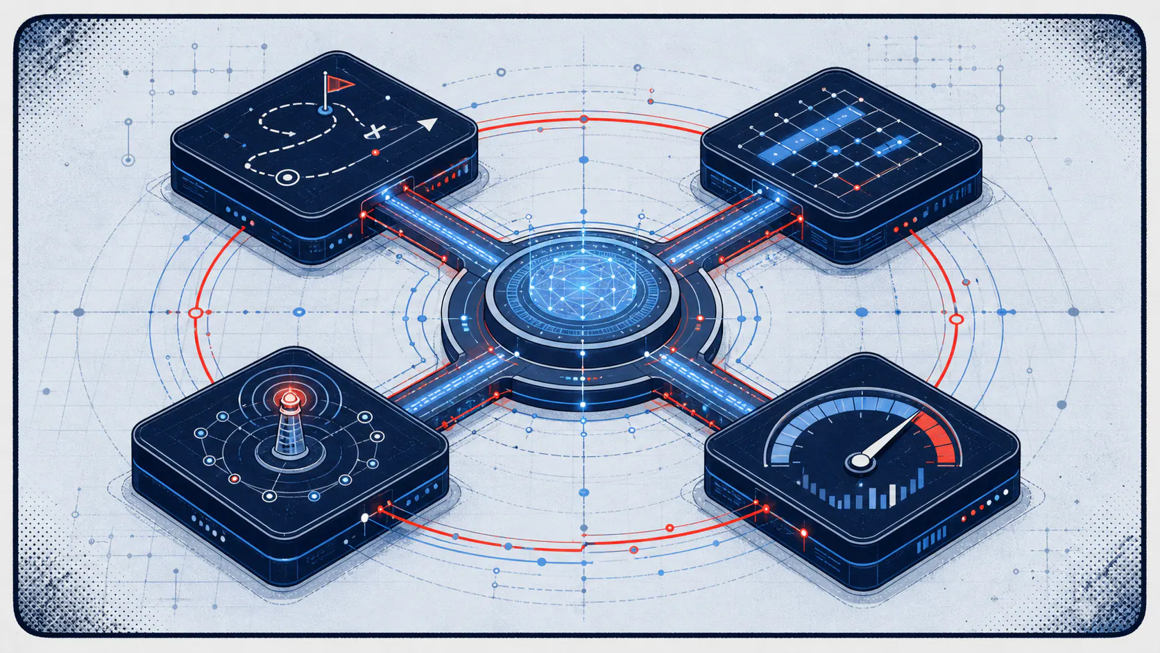 Light-field comic panel showing four dark navy marketing modules connected through a central system hub with red and blue signal paths.