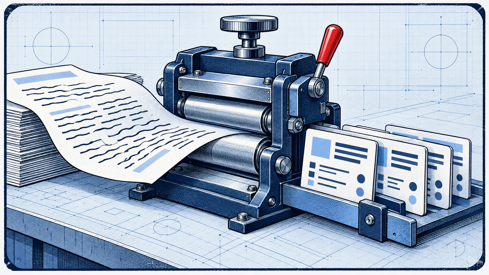 A navy translation press turns loose prose sheets into neatly ordered structured-data cards on a pale blueprint workbench.